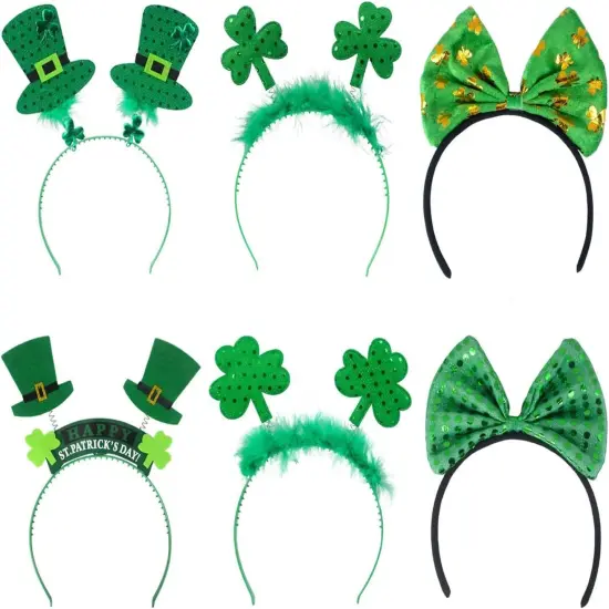St. Patrick&rsquo;s Day Green Headband - Set of 6 Shamrock Clover Head Boppers Leprechaun Top Hat {1}