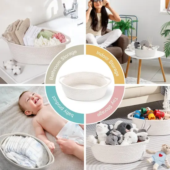 2 Pack Small Woven Basket with Gift Bags and Ribbons, Empty Decorative Gift Chest Box, Cute Baby Gift Basket for Nursery, Cotton Rope Room Shelf Storage Basket with Handles, All 12"x 8"x 5",White {2}