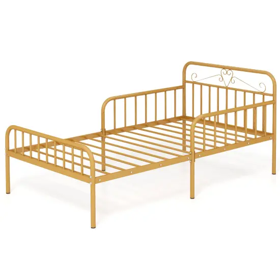 Twin Size Metal Bed Frame with Headboard Included Safety Side Guardrails Gold {4}