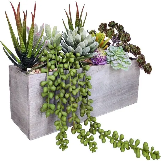 Artificial Succulent Arrangement – Rustic Greenery in Wooden Pot {2}