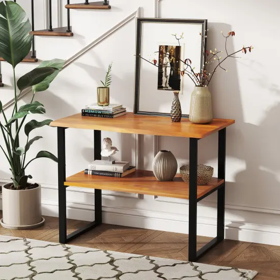 2-Tier Teak Wood End Table Sofa Side for Living Room Hallway Laundry {2}