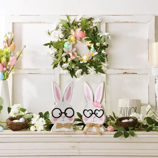 Easter Decorations: Rustic Antique Wooden Bunny Couple Happy Easter Table Centerpiece Signs, Farmhouse White Rabbit with Glasses Wood Easter Decor for Home Office Table, Cute Easter Gifts {5}