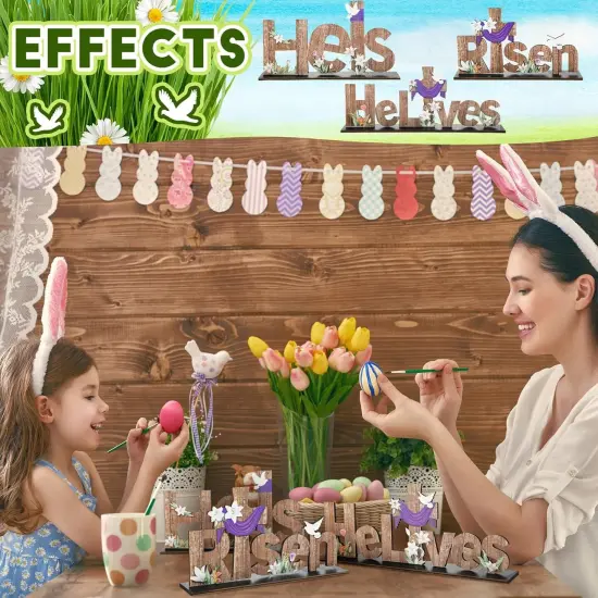 3 Pcs Easter Table Decor He is Risen Tabletop Decorations He Lives Wooden Signs Religious Jesus Cross Rustic Table Centerpiece for Easter Party Home Dinner Spring Decor {4}