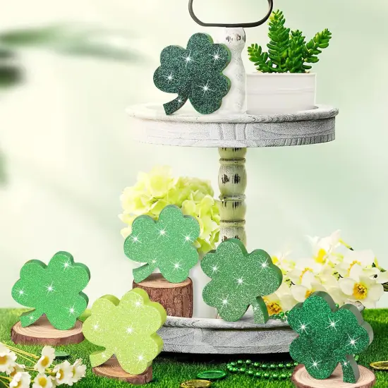 St. Patrick's Day Shamrock Decorations, Wooden Saint Patrick Day Tiered Tray Decor Set of 6, Green Clover Table Top Decoration for Home, Shelf, Door, Office Party (Glitter Solid) {3}
