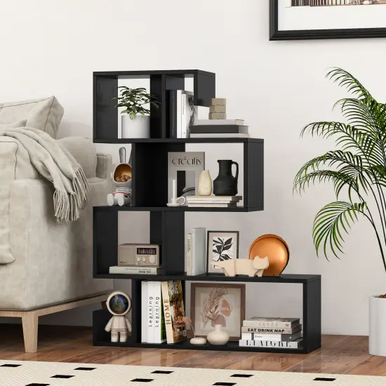 Black 5-Tier S-Shaped Bookshelf Geometric Z-Shelf Bookcase with Open Cubes {2}