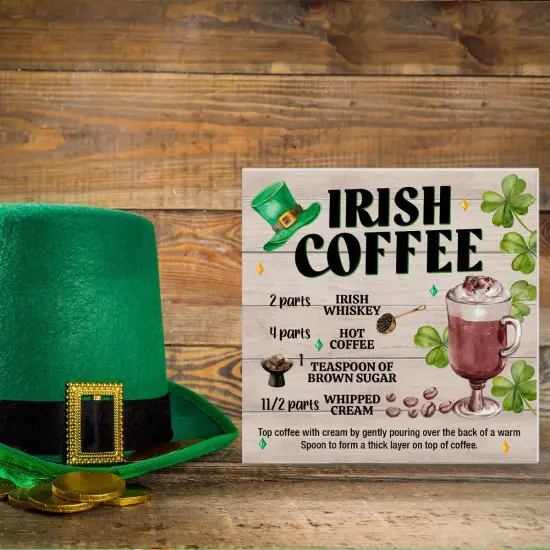St. Patricks Day Decor, Rustic Irish Coffee Wood Block Sign St Patricks Day Decorations Home Kitchen Tabletop Shelf Desk Decor, 5 X 5 Inches {5}