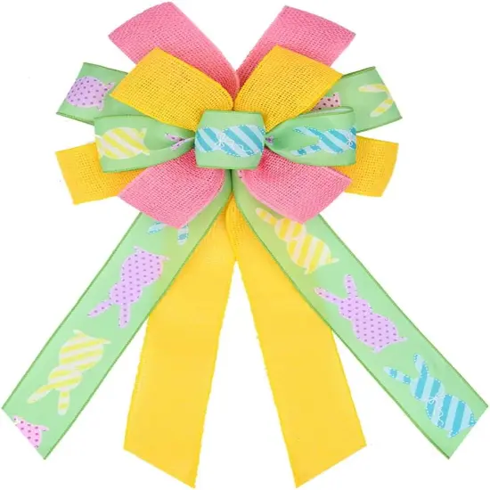 Happy Easter Large Wreath Bows for Front Door Decorations, Pink Yellow Holiday Bow Green Easter Bunny Bows {1}