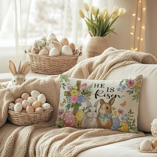 Easter Pillow Cover 12x20 Inch Cross Bunny Eggs Floral Decorative Pillow Case {5}