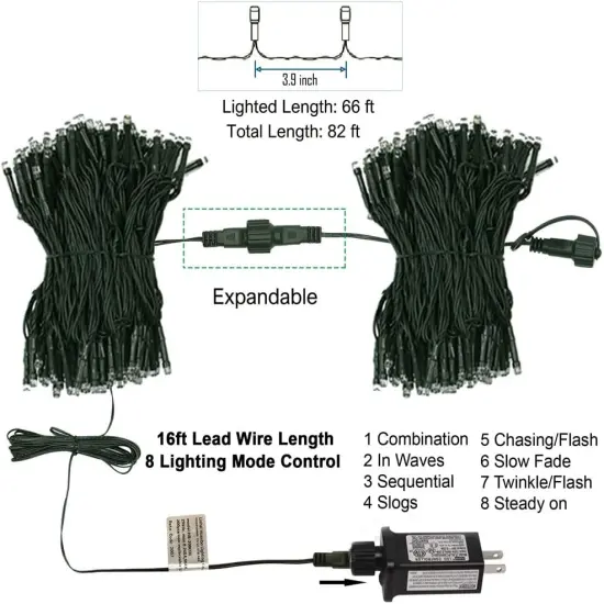 200 LED 66FT Christmas String Lights, St Patricks Day Fairy Lights with 8 Lighting Modes, String Mini Lights Plug in for Indoor Outdoor Tree Garden Wedding Party Decoration, Green {5}