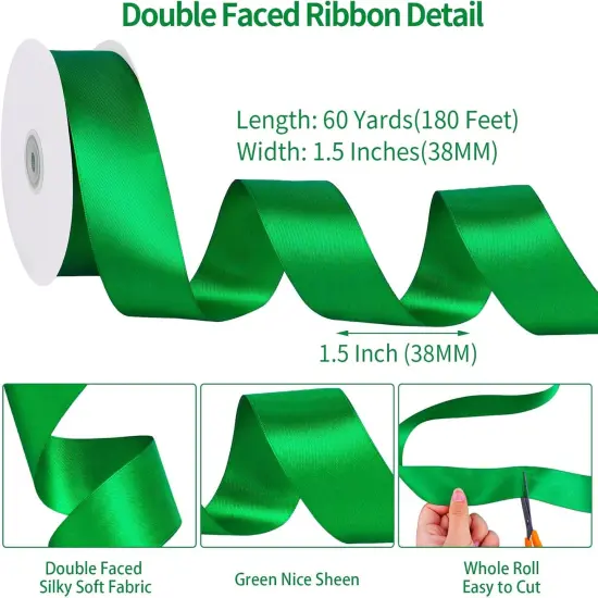 60 Yards Double Faced Green Ribbon, 1 1/2 inch Green Satin Ribbon Valentines Ribbon for Gift Wrapping Crafts Flower Bouquet Hair Bows Party Birthday Graduate Valentine's Day Mother's Day Decorations {2}