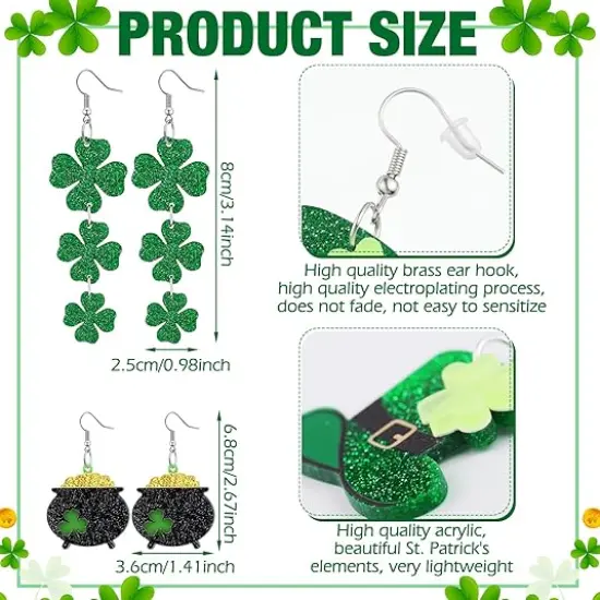 8 Pairs St. Patrick's Day Earrings for Women Acrylic Stud Irish Shamrock Dangle Earrings Green Hat Gold Pot Four Leaf Clover Earrings for Festival St Patty's Jewelry {3}