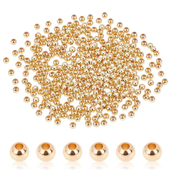 3mm 14K Gold Spacer Beads, 300pcs Mini Smooth Round Beads Seamless Ball Beads Small Brass Loose Beads Metal Beads for Summer Hawaii Layered Necklace Bracelet Jewelry Making {1}