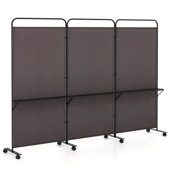 3-Panel Folding Room Divider with 3 Metal Shelves and Lockable Wheels White {9}