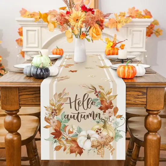 Fall Pumpkin Table Runner 13x90 Inch Hello Autumn Wreath Floral {2}