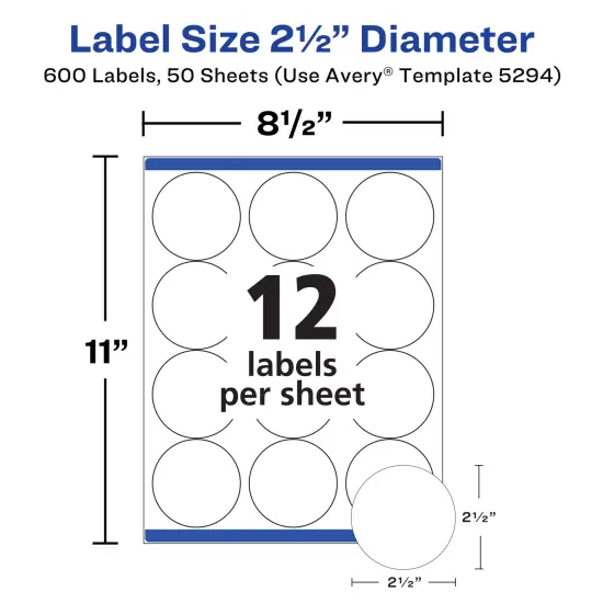Avery High Visibility Round Labels with Sure Feed for Laser Printers, 2-1/2" 600 Labels (45294) {5}