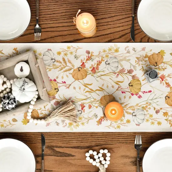 Wildflowers Bloom Floral Pumpkin Leaves 210 GSM Fall Table Runner,13x120 Inch {5}