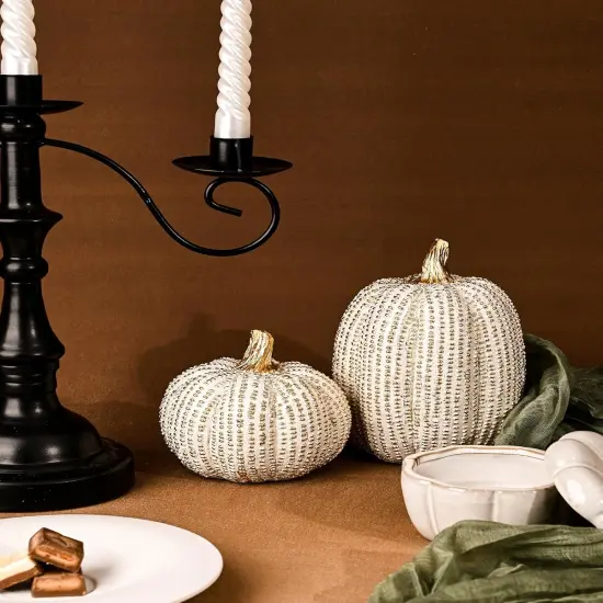 2PC White and Gold Pumpkin Decor Figurine {3}