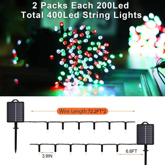 Solar Christmas String Lights Outdoor Waterproof Decorations, Red White Green Fairy Lights, 2PACK Total 400LED 144FT with 8Modes, Outside Lights for Tree, Garden, Patio, Fence, Balcony {2}