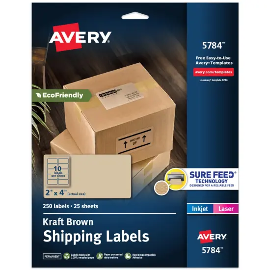 Avery Kraft Brown Rectangle Labels with Sure Feed Technology, 2" x 4", Laser/Inkjet Printable Labels, 250 Total (5784) {1}