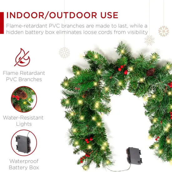 9ft Pre-Lit Holiday Pre-Decorated Christmas Garland for Stairs,50 Lights, Pine Cones, Berries {4}