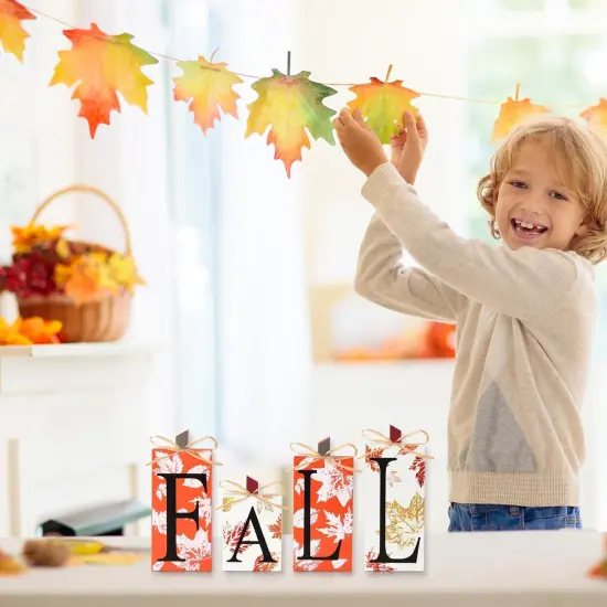 4 PCS Wood Fall Lettered Pumpkin Sign Block {2}