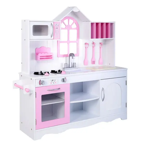 Costway Kids Wood Kitchen Toy Cooking Pretend Play Set Toddler Wooden Playset {1}