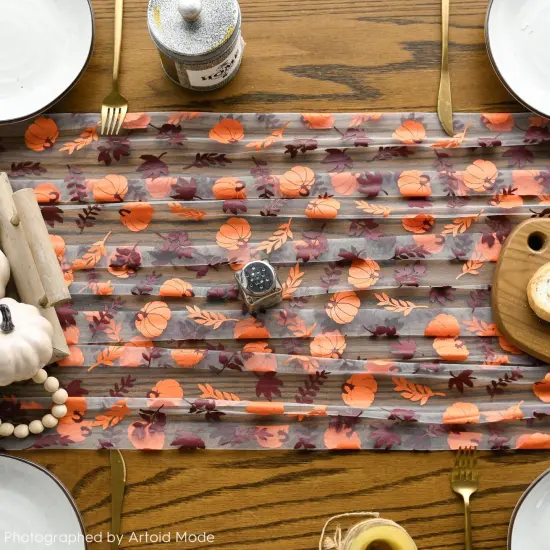 Orange Brown Pumpkins Fall Leaves Gauze Table Runner 120 Inch 10FT {2}