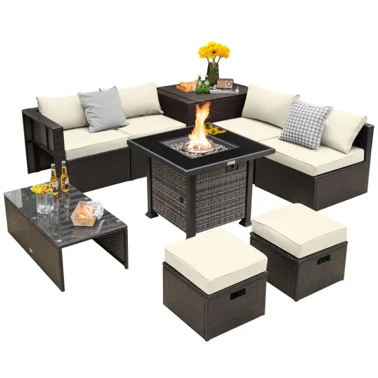 Outdoor 9 Pieces Patio Furniture Set with 50 000 BTU Propane Fire Pit Table Grey {10}