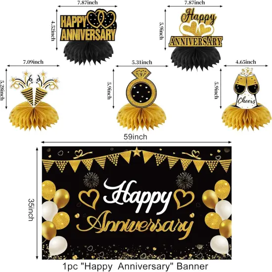 Happy Anniversary Decorations &ndash; Black & Gold Kit with Banner, Backdrop, Centerpieces & Swirls {3}