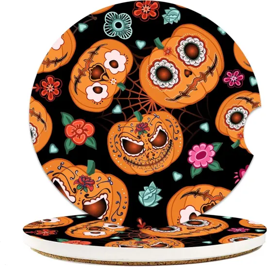 2 Pack Absorbent Ceramic Car Cup Holder Coasters for Drinks,Halloween Spider Web Pumpkin {1}