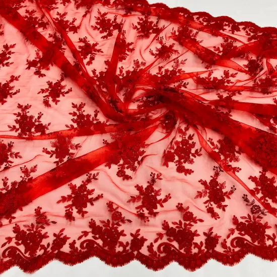 1 Yard Elegant Corded Bridal Lace Fabric with Embroidered on 100% Polyester Net Mesh 56" Width Fuchsia {7}