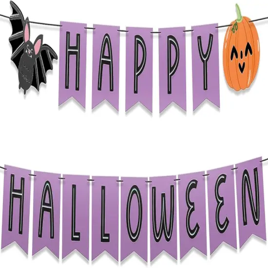 Happy Halloween Banner - Indoor Party Decor with Bat and Pumpkin {1}
