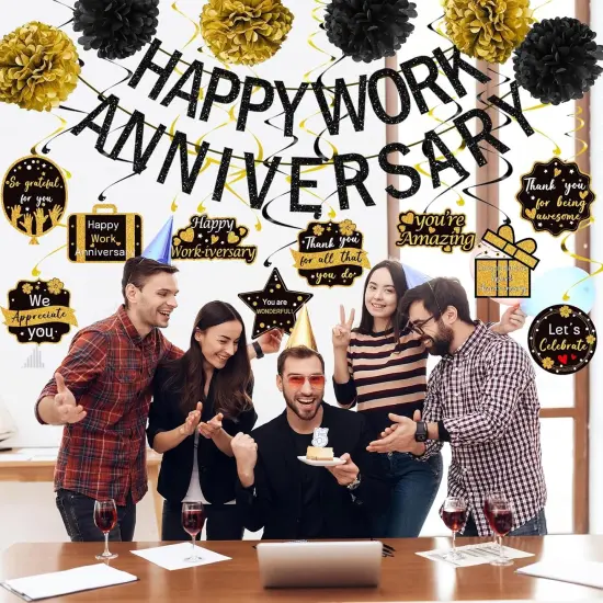 Happy Work Anniversary Decorations Black Gold, Happy Anniversary Banner {3}