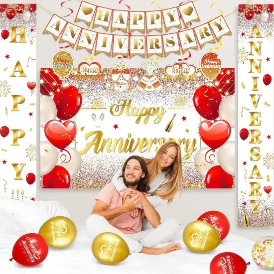 Red Gold Happy Anniversary Banner Balloons {4}