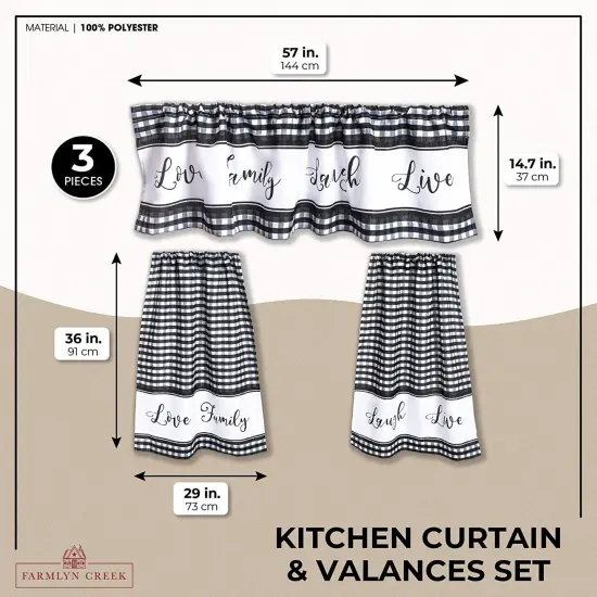 3 Piece Kitchen Curtains and Valances Set for Windows, Love Family, Laugh, Live (Black and White) {6}