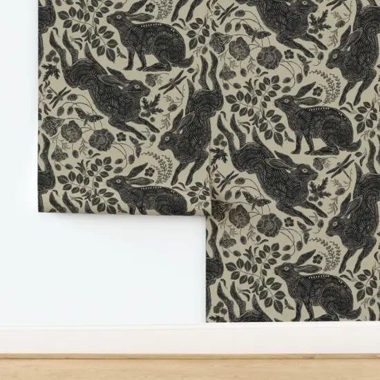 Peel & Stick Wallpaper 2FT Wide Block Print Bunnies Linocut Woodblock Hares Woodland Neutral Charcoal Gray Beige Background Botanical Leaves Foliage Forest Nursery Gender Custom Removable Wallpaper by Spoonflower {2}