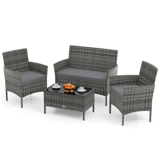 Costway 4 PCS Patio Furniture Set with Washable Cushions and Tempered Glass Coffee Table Gray {2}