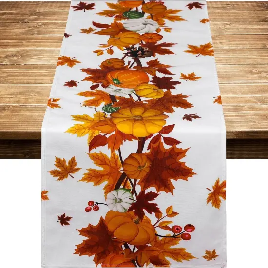 Thanksgiving Table Runner 73 x 12 Inches Fall Maple Leaves Pumpkin Table {1}