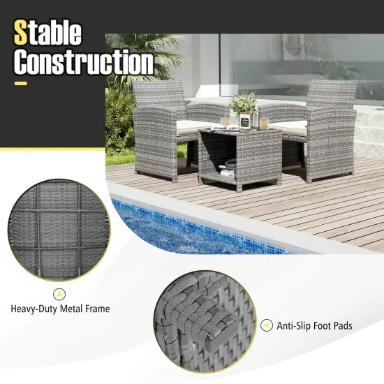 Costway 3 PCS Patio Furniture Set with Tempered Glass Coffee Table & Soft Seat Cushions Gray/Black/White {12}