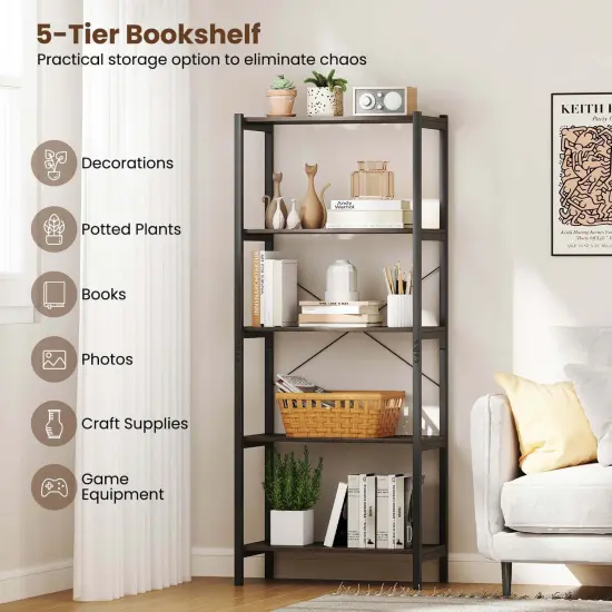 Costway 1/2 PCS 5-Tier Bookshelf Bookcase with Metal Frame & Dual Anti-Tipping Kits Storage Rack {6}