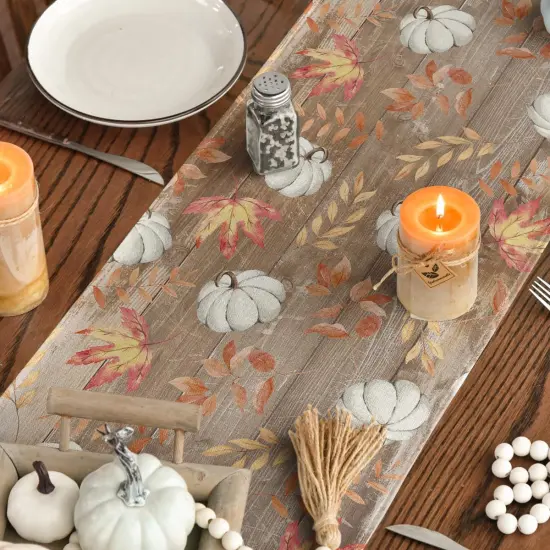 Pumpkins Maple Leaves Brown Wood Fall Table Runner {4}