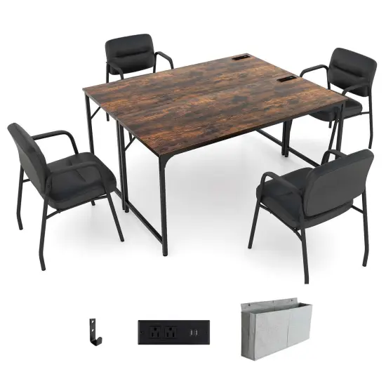 Costway Set of 2/4/6 Meeting Room Desk with Charging Station & Headphone Hook Metal Frame Brown {7}