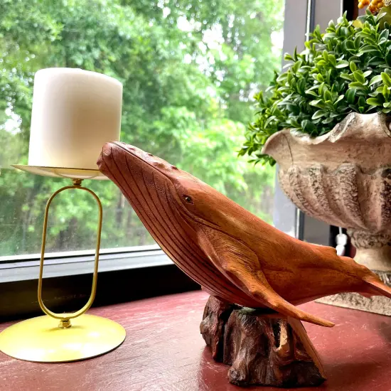 Hand Carved 11.75" Humpback Whale Wood Sculpture Nautical Decor on Base {6}