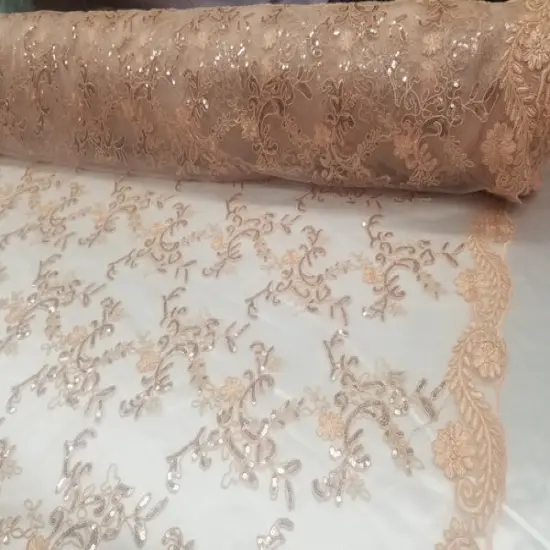 1 Yard Coral Metallic Flowers Sequins Mesh Lace Fabric for Tablecloths and Costumes {1}