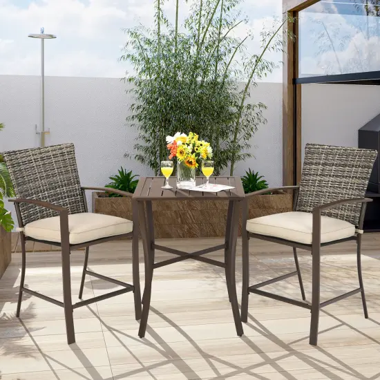 Costway 3PCS Patio Rattan Bar Furniture Set Slat Table 2 Cushioned Stools Poolside Brown {1}