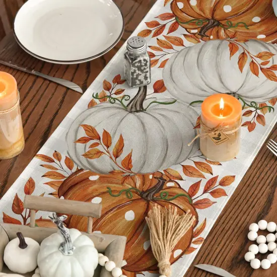 Buffalo Plaid Orange Pumpkins Eucalyptus Fall Table Runner - 13x72 Inch {4}