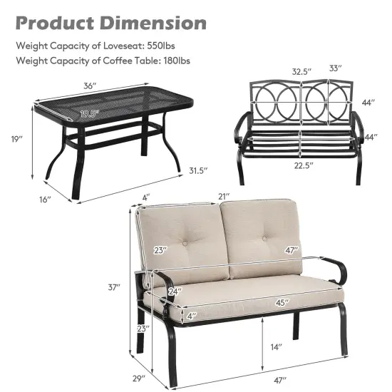 Costway 2PCS Patio Loveseat Bench Table Furniture Set Cushioned Chair {3}