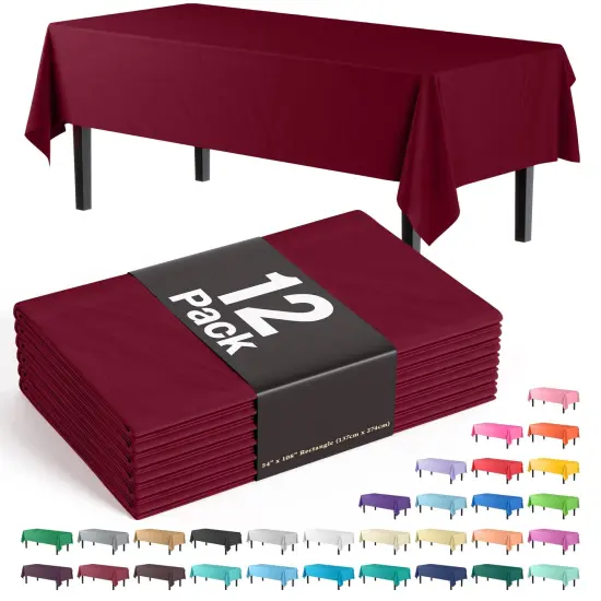 Exquisite 12-Pack Premium Plastic Tablecloth 54in. x 108in. Rectangle Plastic Table Cover Burgundy {1}