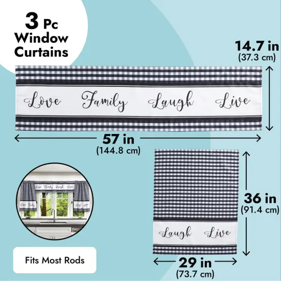 3 Piece Kitchen Curtains and Valances Set for Windows, Love Family, Laugh, Live (Black and White) {5}