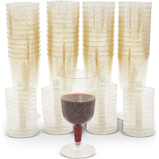 50-Pack Gold Glitter Plastic Wine Glasses (7 oz) Clear {1}